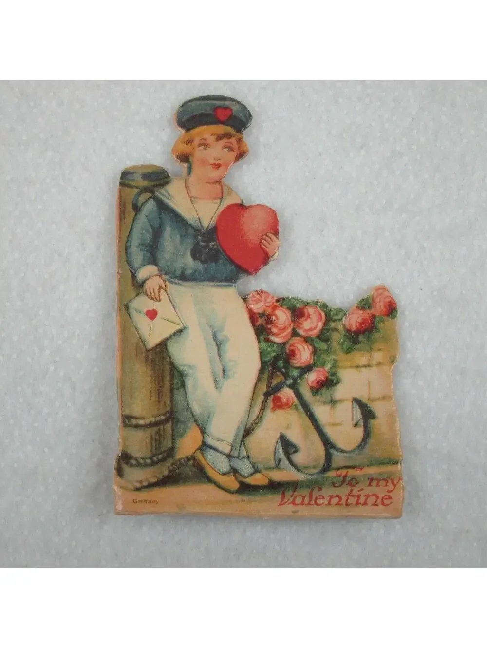 Vintage Valentine Die Cut Stand Up Boy Sailor Heart Rose Bush 1920s-30s Germany